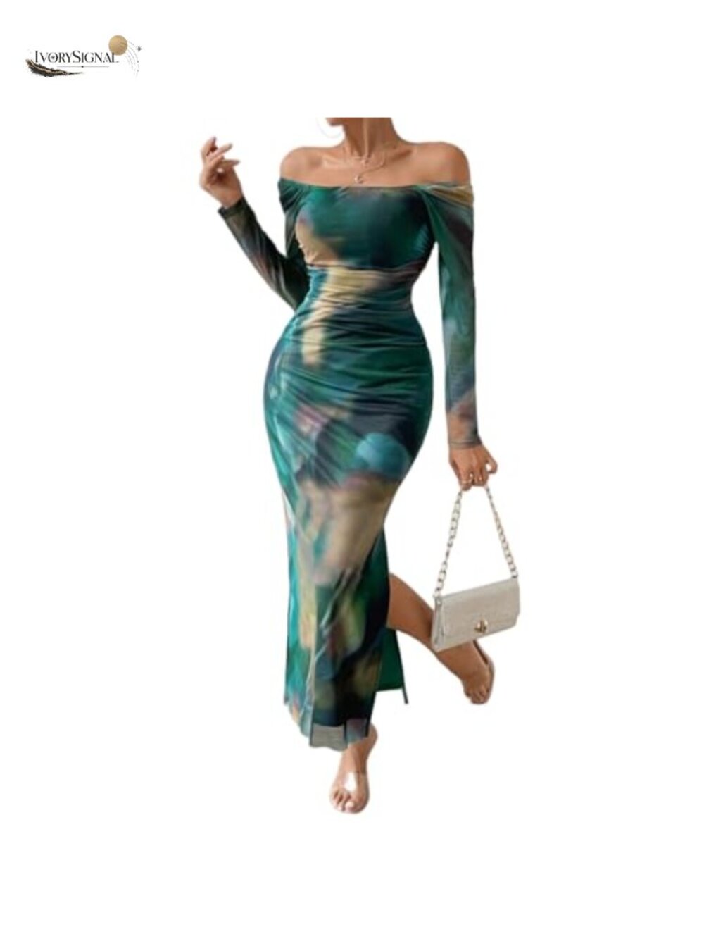 Women's Off Shoulder Maxi Dress Long Sleeve Ruched Bodycon Mesh Formal Party